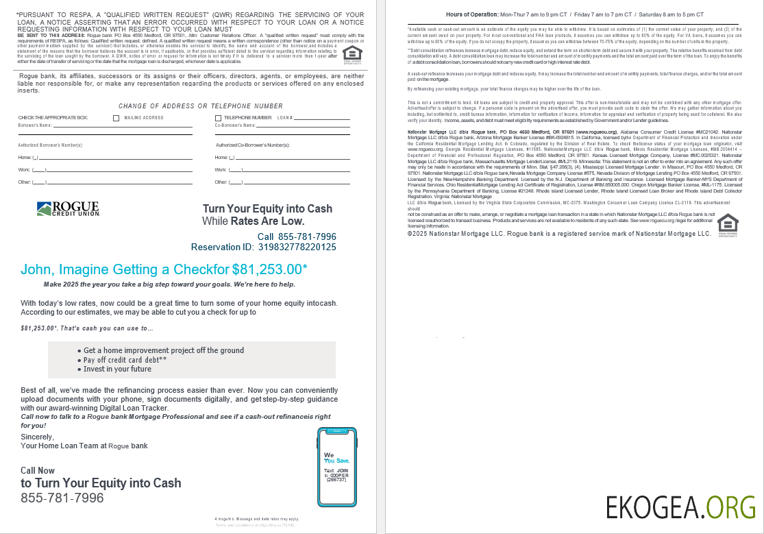 États , Unis Oregon Rogue relevé de prêt hypothécaire de la banque aux formats Word et PDF, 4 pages 3, 4